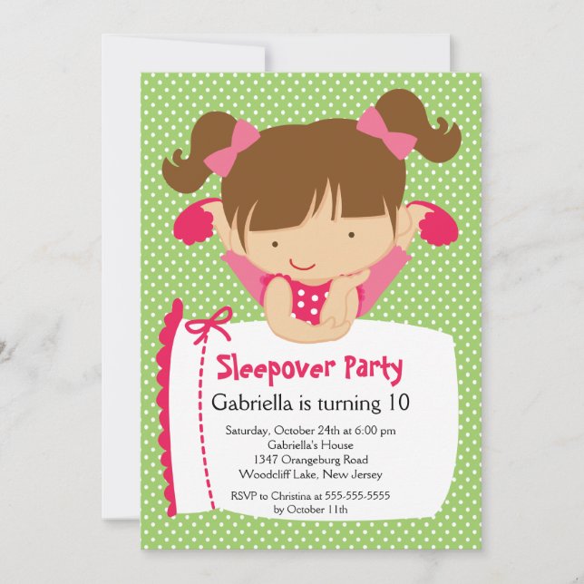 Invitación a fiesta de cumpleaños de cuTE Sleepove (Anverso)