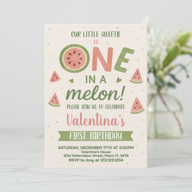 Invitación a fiesta de cumpleaños de Cute Watermel (Anverso de pie)