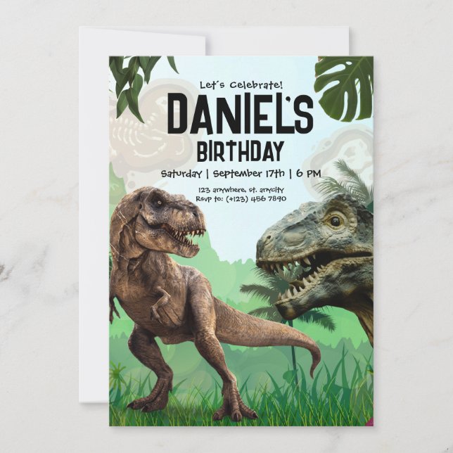 Invitación a fiesta de cumpleaños de dinosaurio, g (Anverso)