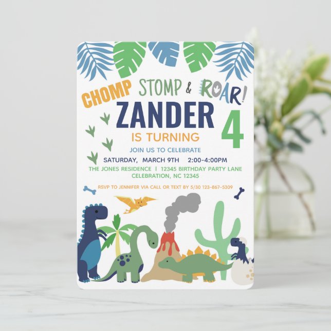 Invitación a fiesta de cumpleaños de dinosaurio pa (Anverso de pie)