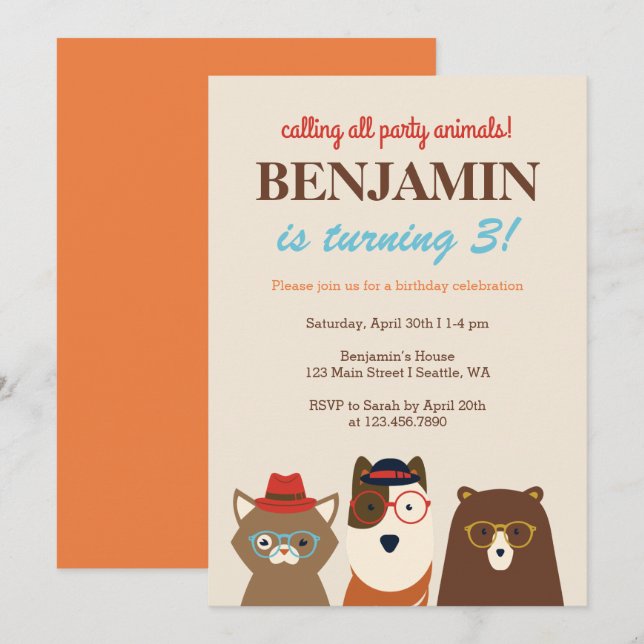 Invitación a fiesta de cumpleaños de fiesta Animal (Anverso / Reverso)