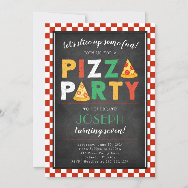 Invitación a fiesta de cumpleaños de Fiesta Pizza (Anverso)