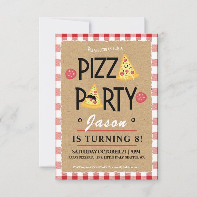 Invitación a fiesta de cumpleaños de Fiesta Pizza (Anverso)
