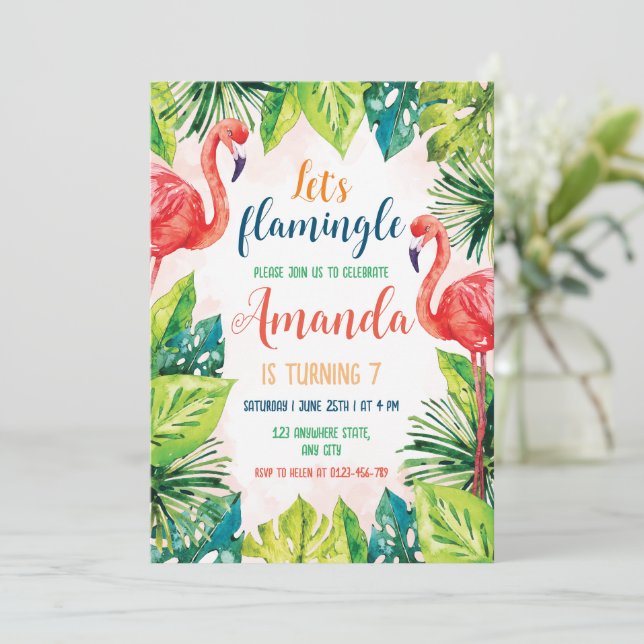 Invitación a fiesta de cumpleaños de flamenco ¡Fla (Anverso de pie)