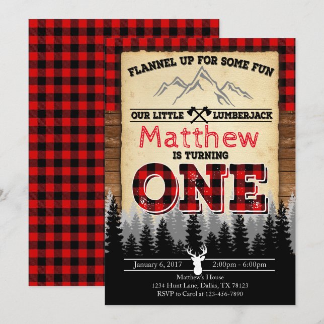 Invitación a fiesta de cumpleaños de Flannel Lumbe (Anverso / Reverso)