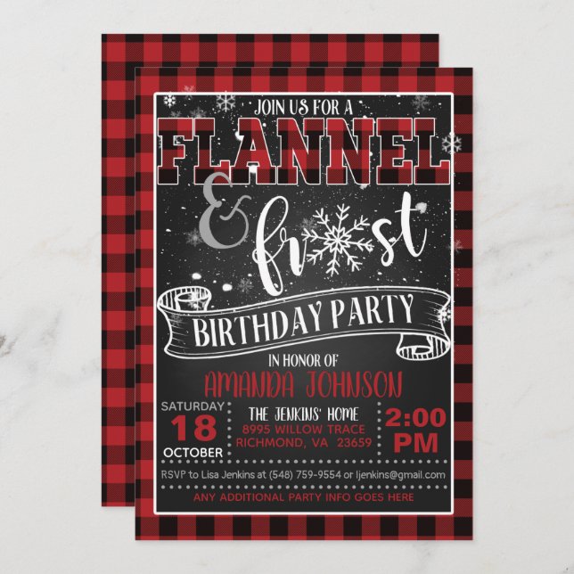 Invitación a fiesta de cumpleaños de Flannel y Fro (Anverso / Reverso)