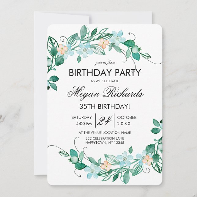 Invitación a fiesta de cumpleaños de floral de Min (Anverso)