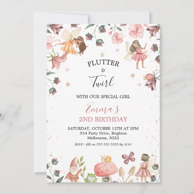 Invitación a fiesta de cumpleaños de Floral Fairie (Anverso)