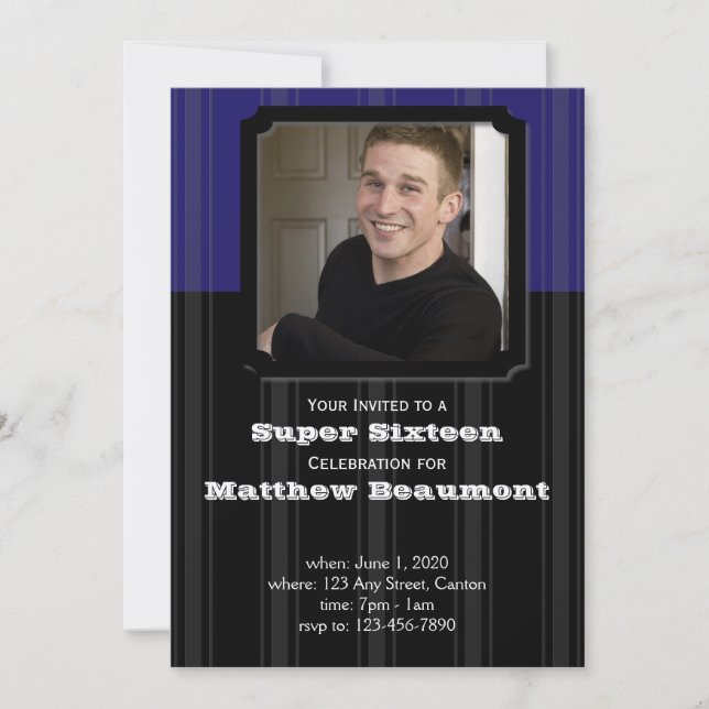 Invitación a fiesta de cumpleaños de franja azul y (Anverso)