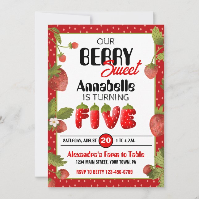 Invitación a fiesta de cumpleaños de fresa (Anverso)