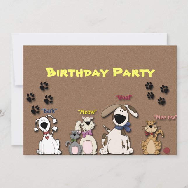Invitación a fiesta de cumpleaños de gatos y perro (Anverso)