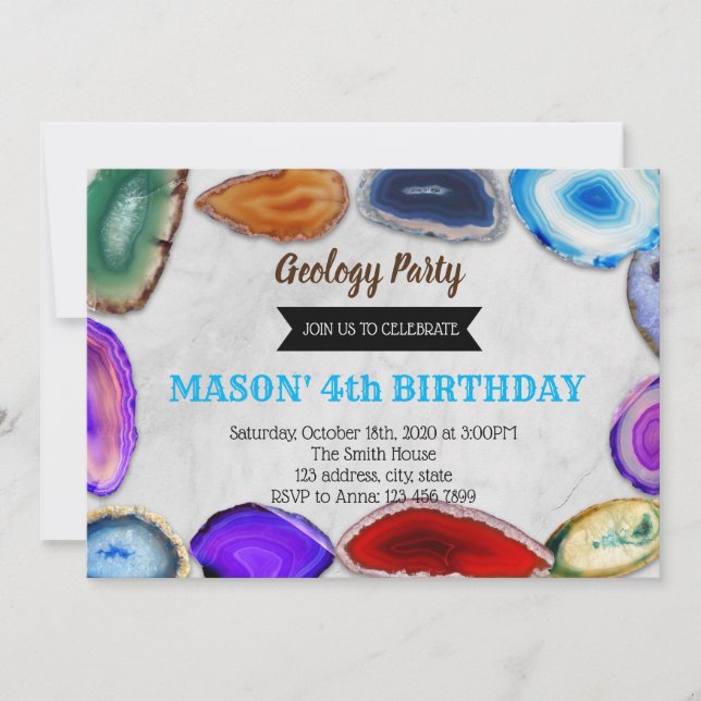 Invitación a fiesta de cumpleaños de geología (Anverso)
