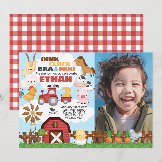 Invitación a fiesta de cumpleaños de granja (Anverso / Reverso)