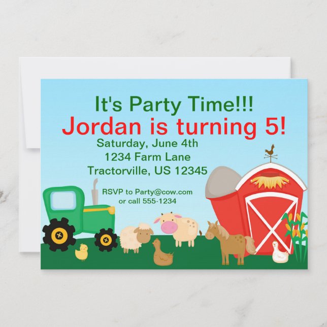 Invitación a fiesta de cumpleaños de granja (Anverso)