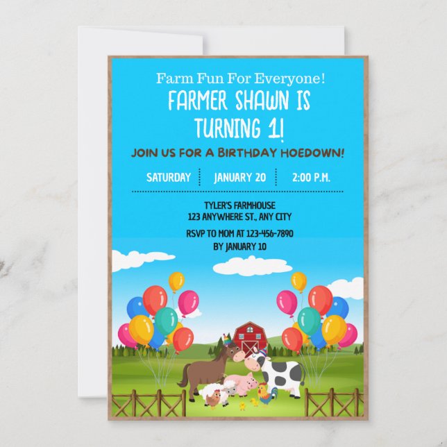 Invitación a fiesta de cumpleaños de granja (Anverso)