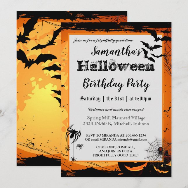 Invitación a fiesta de cumpleaños de Halloween Spo (Anverso / Reverso)