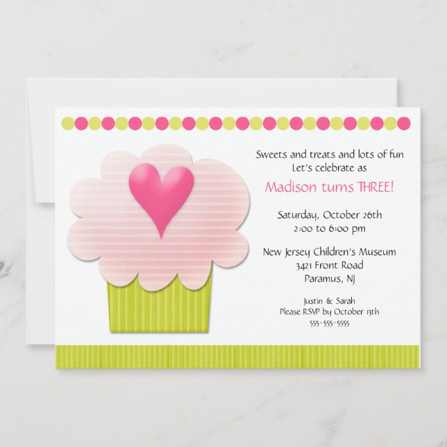 Invitación a fiesta de cumpleaños de Heart CUPCAKE (Anverso)