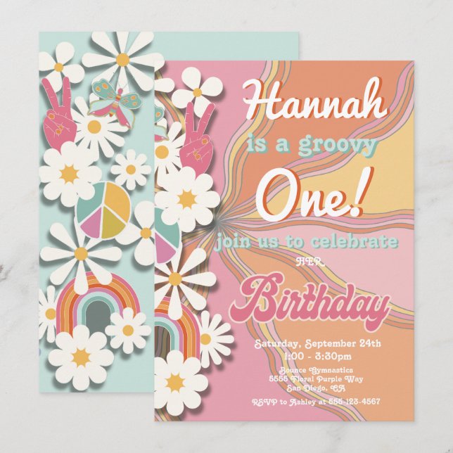 Invitación a fiesta de cumpleaños de Hippie Flower (Anverso / Reverso)