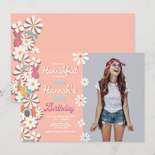 Invitación a fiesta de cumpleaños de Hippie Flower (Anverso / Reverso)