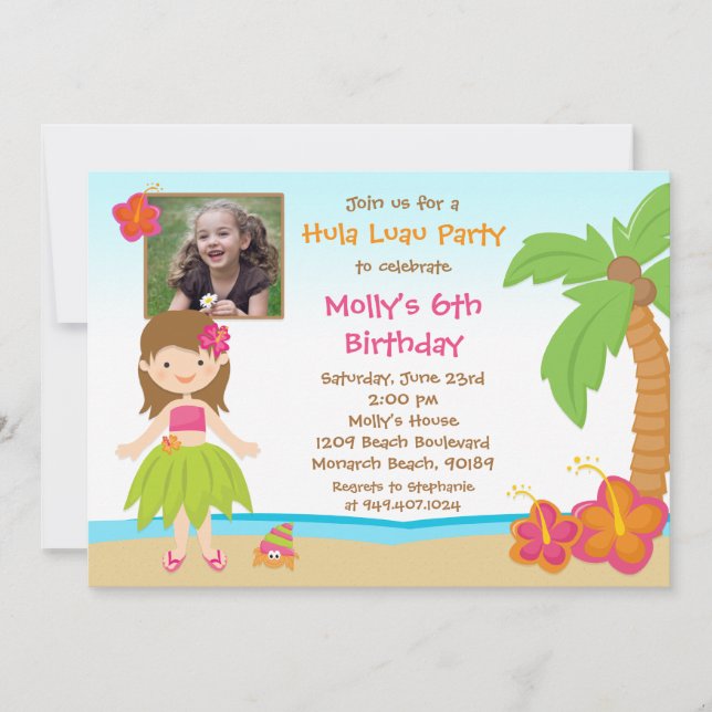 Invitación a fiesta de cumpleaños de Hula Luau (Anverso)