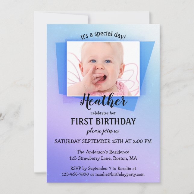 Invitación a fiesta de cumpleaños de la foto azul  (Anverso)