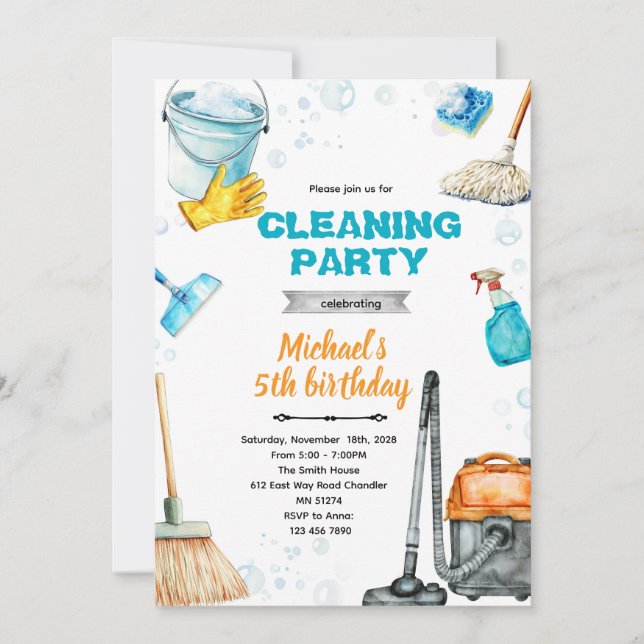 invitación a fiesta de cumpleaños de limpieza (Anverso)