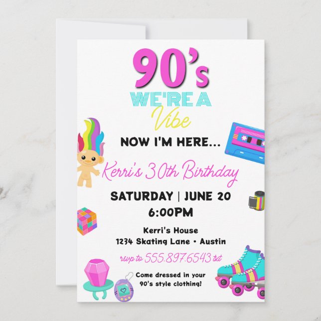 Invitación a fiesta de cumpleaños de los 90 Retro  (Anverso)