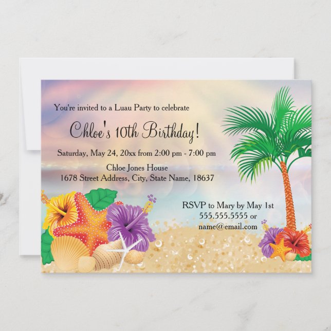 Invitación a fiesta de cumpleaños de Luau Starfish (Anverso)