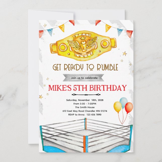 Invitación a fiesta de cumpleaños de lucha libre (Anverso)