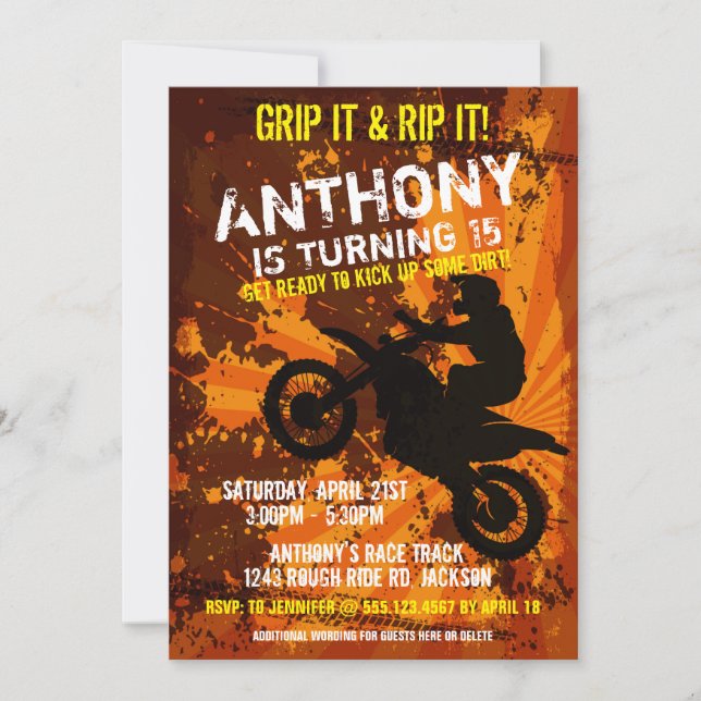 Invitación a fiesta de cumpleaños de Motocross Dir (Anverso)