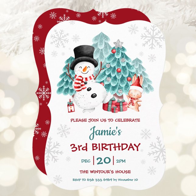 Invitación a fiesta de cumpleaños de Navidades cut (Cute Snowman Christmas Birthday Party Invitation)