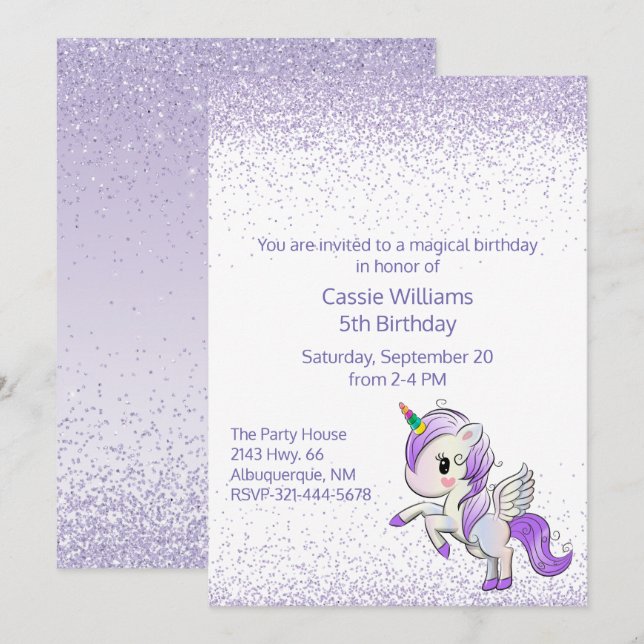 Invitación a fiesta de cumpleaños de niñas moradas (Anverso / Reverso)