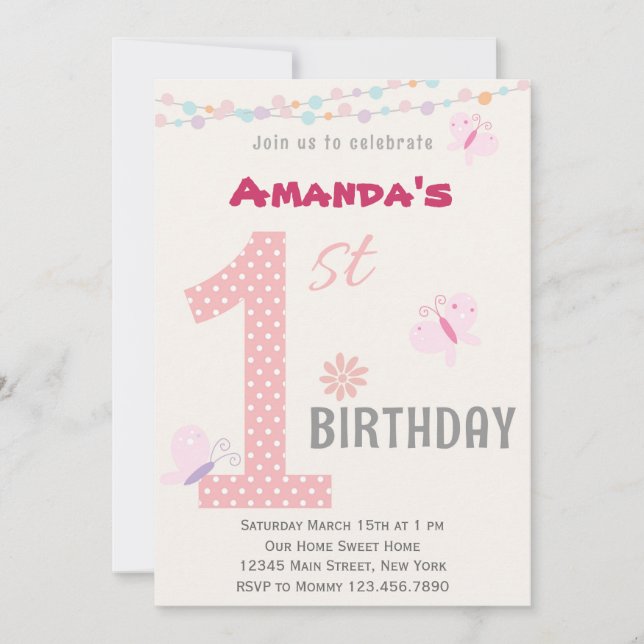 Invitación a fiesta de cumpleaños de niñita (rosa) (Anverso)