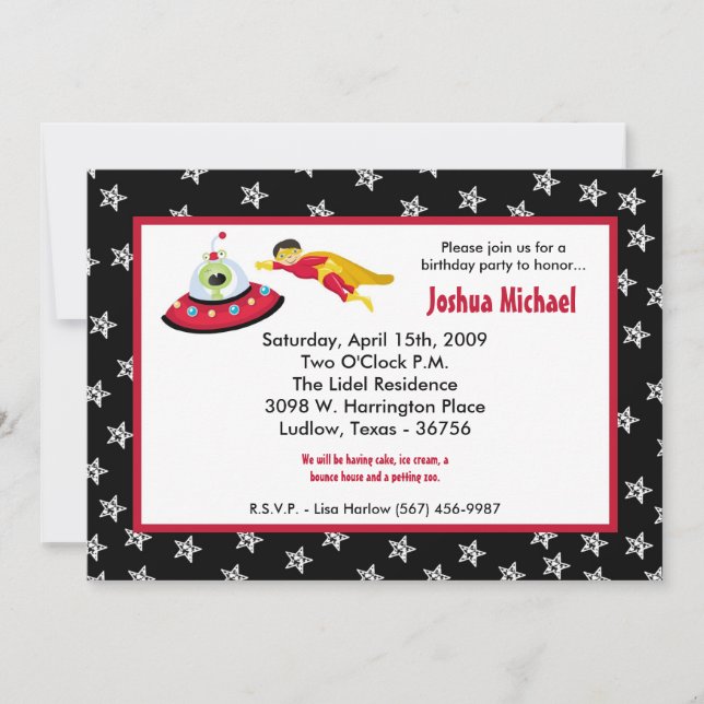 Invitación a fiesta de cumpleaños de niño Super He (Anverso)