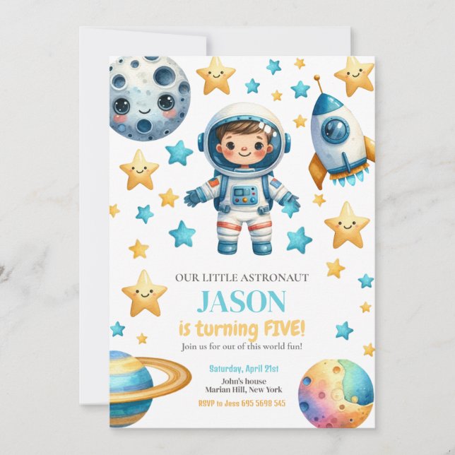 Invitación a fiesta de cumpleaños de niños astrona (Anverso)