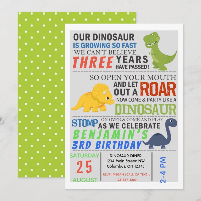 Invitación a Fiesta de cumpleaños de niños de dino (Anverso / Reverso)