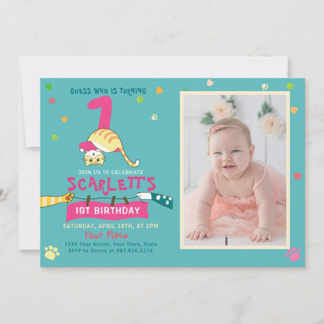 Invitación a fiesta de cumpleaños de niños de gato (Anverso)
