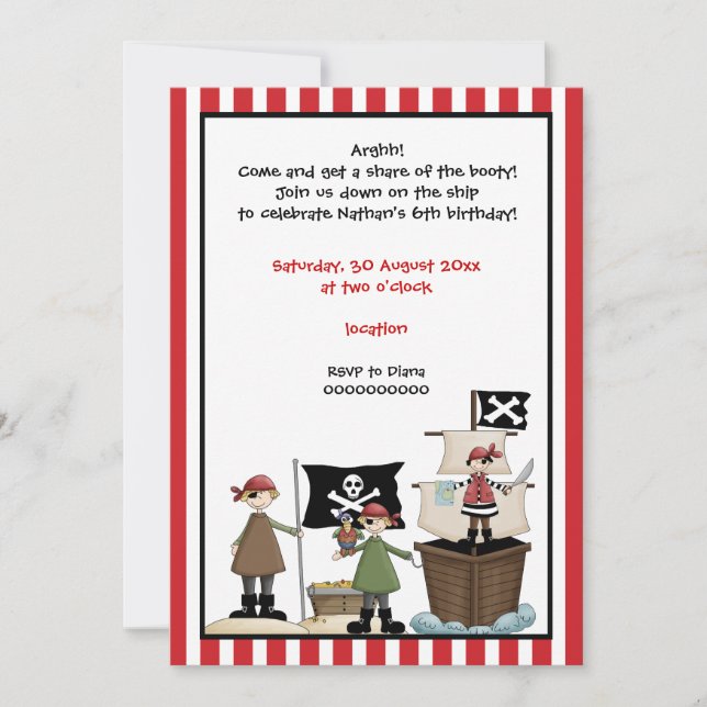 Invitación a fiesta de cumpleaños de niños piratas (Anverso)
