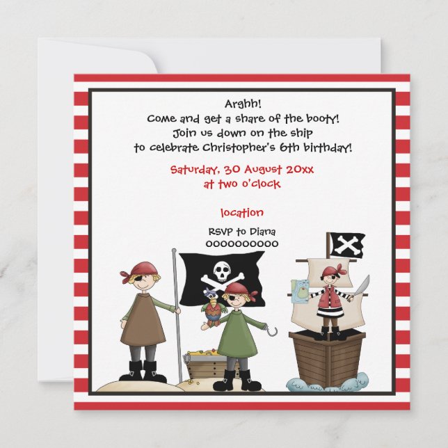 Invitación a fiesta de cumpleaños de niños piratas (Anverso)