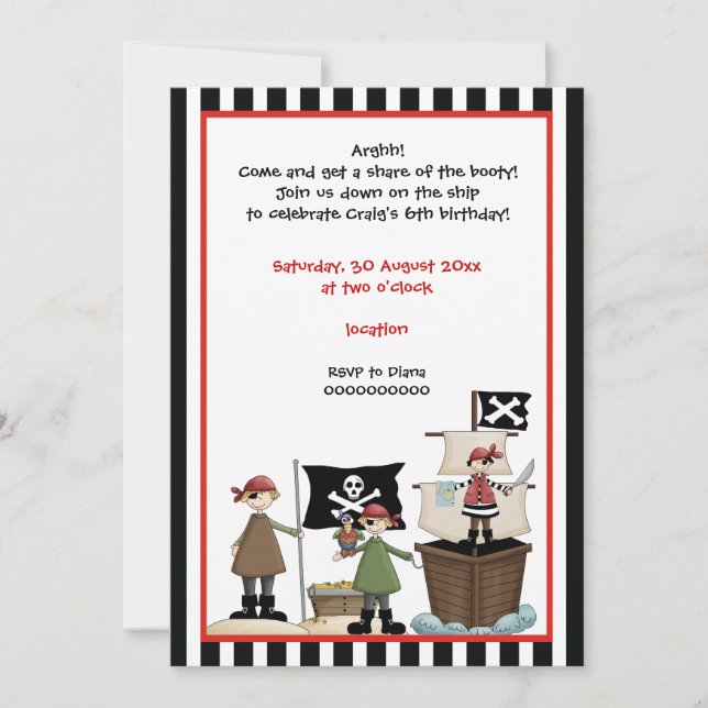 Invitación a fiesta de cumpleaños de niños piratas (Anverso)