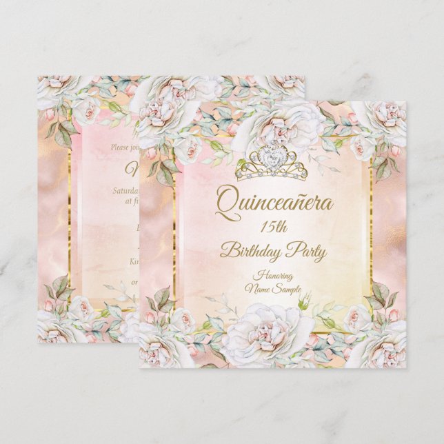 Invitación a fiesta de cumpleaños de oro rosado pa (Anverso / Reverso)
