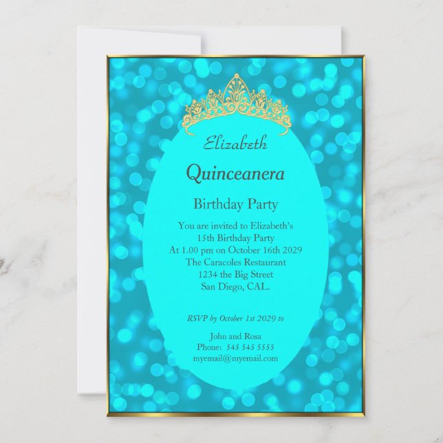 Invitación a fiesta de cumpleaños de oro Verde azu (Anverso)