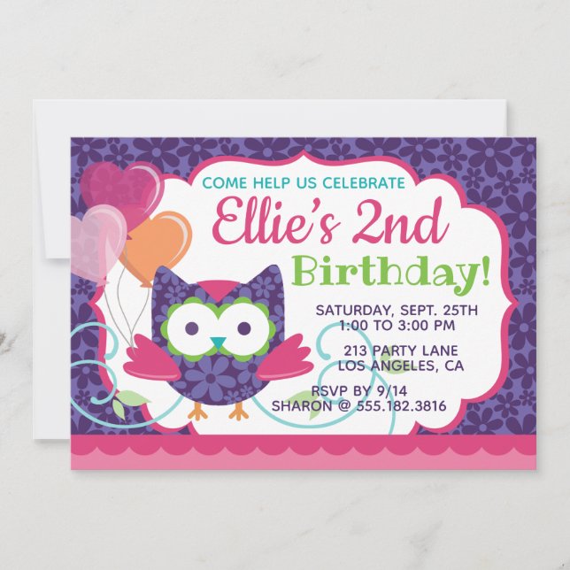 Invitación a fiesta de cumpleaños de Owl Pal Chica (Anverso)