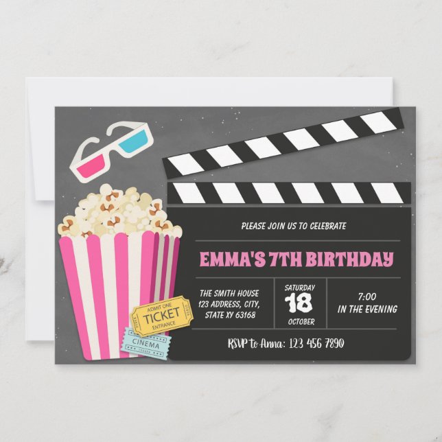 Invitación a fiesta de cumpleaños de película rosa (Anverso)