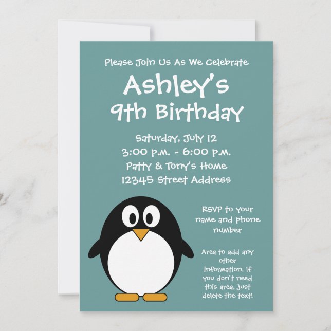 Invitación a fiesta de cumpleaños de pingüino cutá (Anverso)