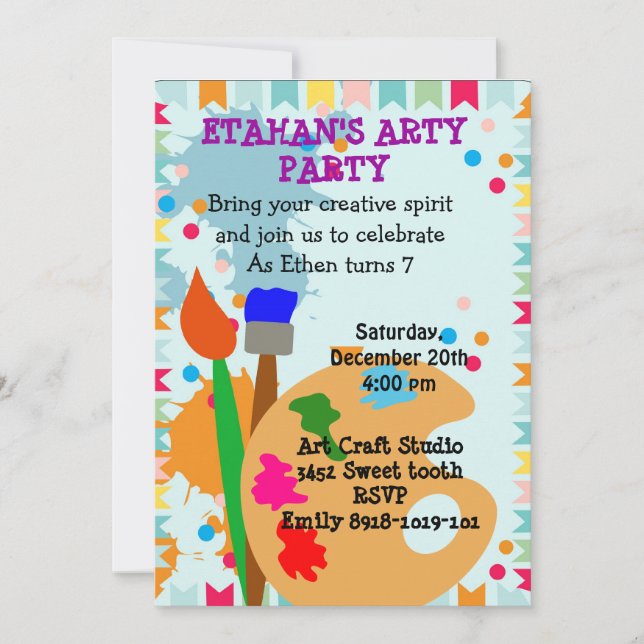 invitación a fiesta de cumpleaños de pintura de ar (Anverso)