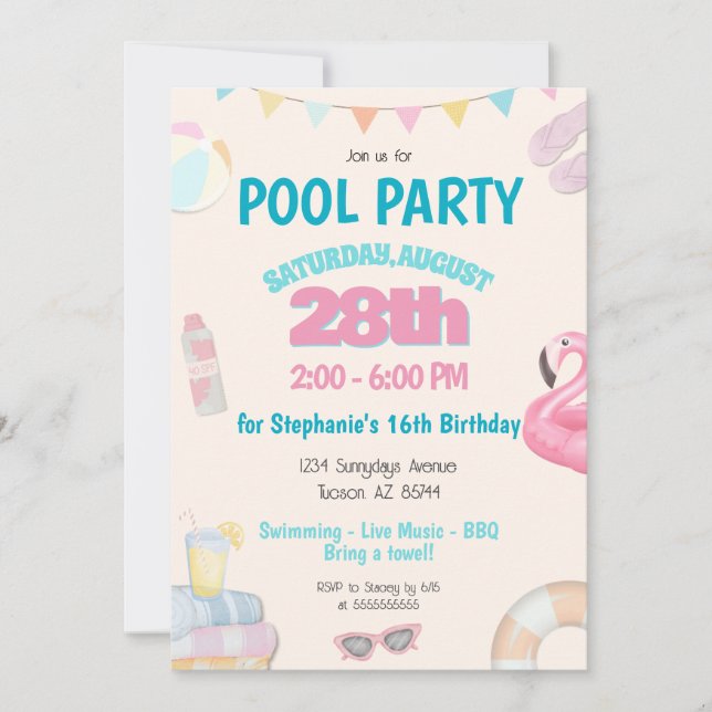 Invitación a fiesta de cumpleaños de piscina de ve (Anverso)