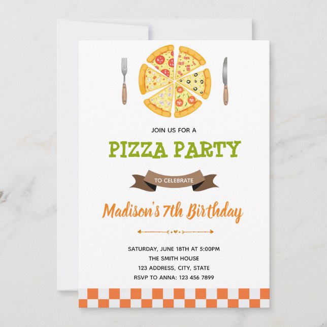 Invitación a fiesta de cumpleaños de Pizza (Anverso)