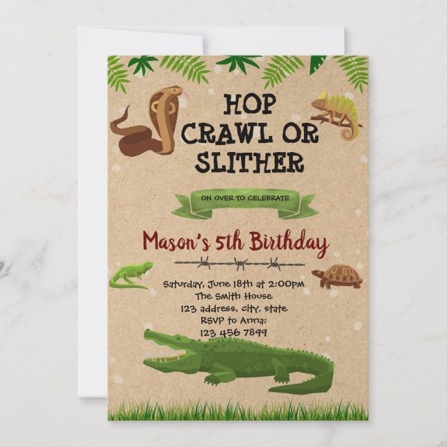 Invitación a fiesta de cumpleaños de reptil (Anverso)