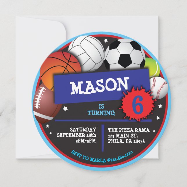 Invitación a fiesta de cumpleaños de SPORTS BALLS (Anverso)